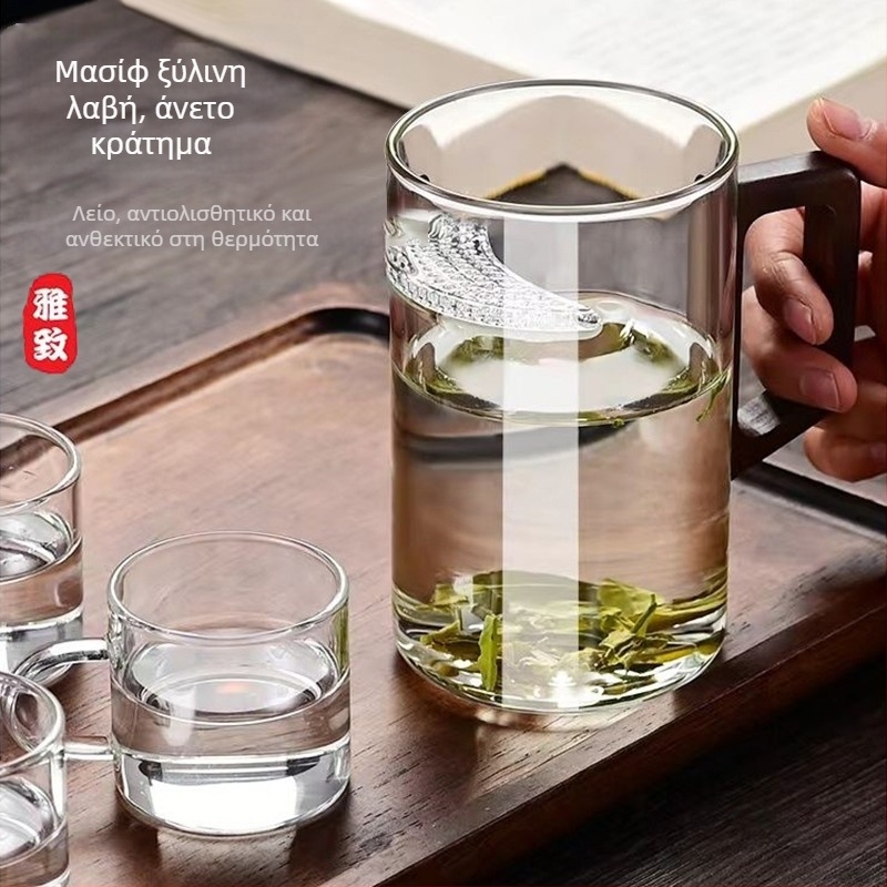 Νέος κινεζικός στυλ κύπελλο τσαγιού από γυαλί borosilicate με καπάκι από καρυδιά και ξύλινο χερούλι, ανθεκτικό στη θερμότητα, για πράσινο τσάι – σετ 3 τεμαχίων