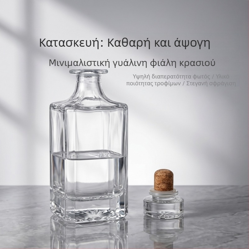 Απλή διαφανής φιάλη ουίσκι, 750 ml, παχύ γυαλί λευκό κρύσταλλο, σφραγισμένος φελλός