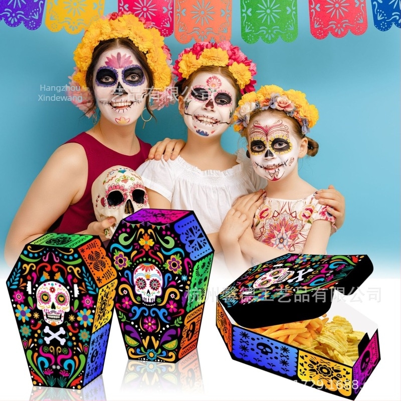 KZ123 Κουτί Δώρου με Κρανίο για την Ημέρα των Νεκρών, λευκό χαρτόνι, ακανόνιστο σχήμα, κουτί γλυκισμάτων για πάρτι