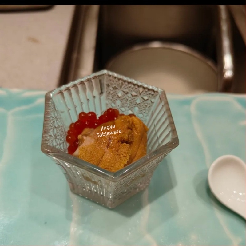 Ιαπωνικό γυάλινο σετ κουζίνας Kaiseki – πιάτο ορεκτικών, ποτήρι για χαβιάρι και επιδόρπιο, ποτήρι σάκε, ποτήρι παγωτού