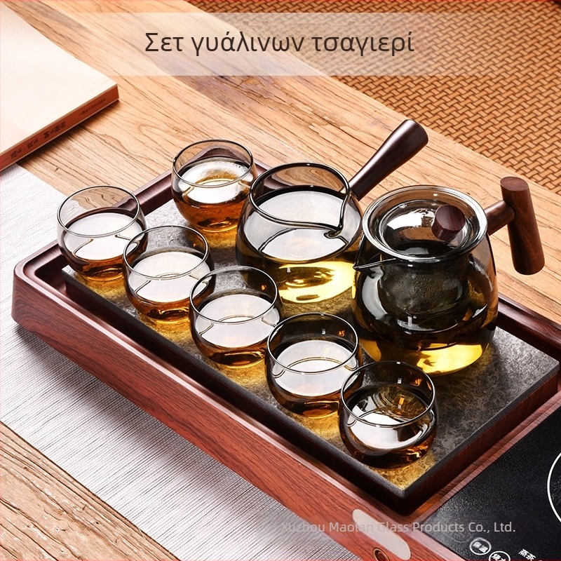 Σετ τσαγιού Gongfu με μαύρο διαφανές γυαλί, πλευρική ξύλινη λαβή, μυτερή άκρη ρίψης, συμπεριλαμβάνει δίσκο τσαγιού, για 6 άτομα