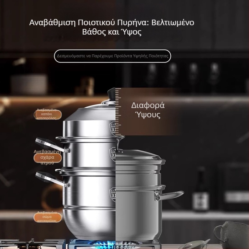Οικιακό ατμομάγειρα από ανοξείδωτο χάλυβα σε στυλ ρυζομάγειρας, ποιότητα τροφίμων, εξαιρετικά χοντρό και ψηλό, για ατμό ψωμάκια, χωρητικότητα 3–4 επιπέδων