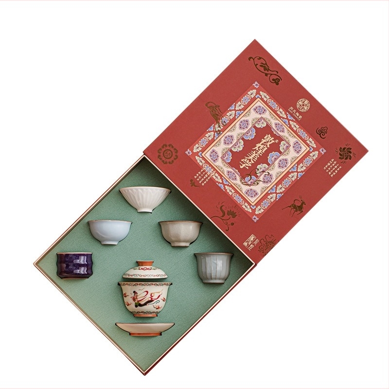 Su's Ceramics Dunhuang γκαϊβαν Gongfu Tea Σετ από πέντε φημισμένους κλίβους Jun Ru Guan Ding Ge σε πολιτιστικό κουτί δώρου