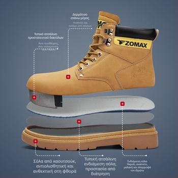 Υψηλά προστατευτικά παπούτσια εργασίας με κίτρινο πέλμα, μεταλλικό δάχτυλο, προστασία από θραύση και διάτρηση, PU συνθετικό δέρμα