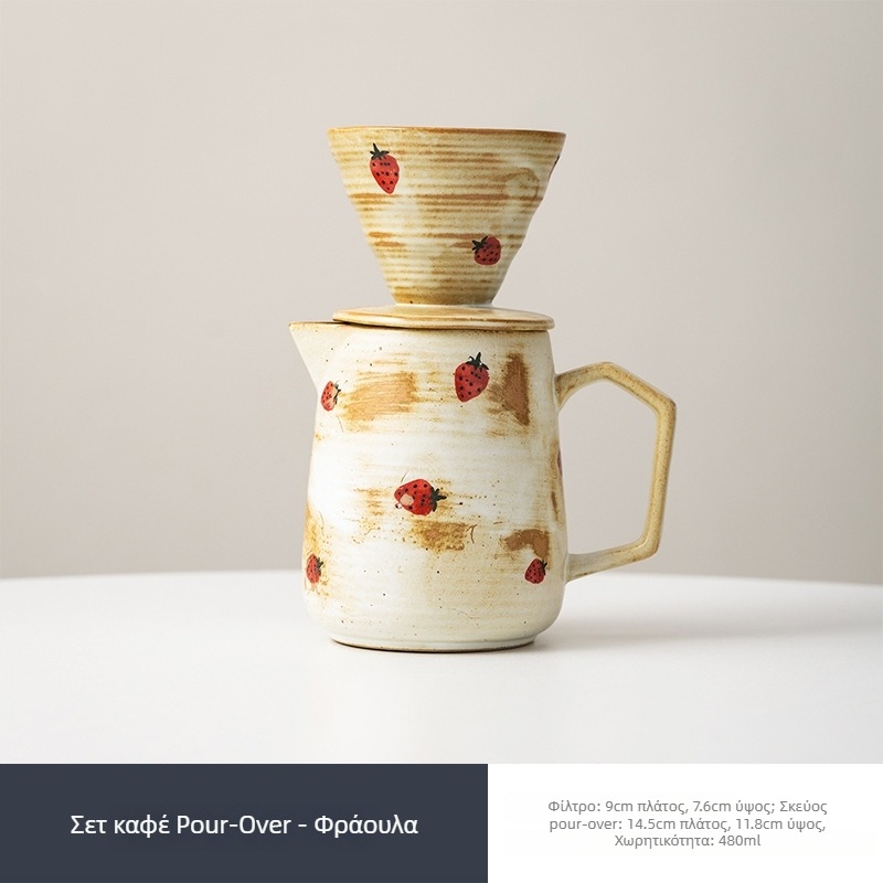 Κεραμική κανάτα καφέ pour-over με φιλτράκι και ανθισμένο τσαγιέρ — ρετρό στυλ, εκλεπτυσμένο σετ απογεύματος τσαγιού