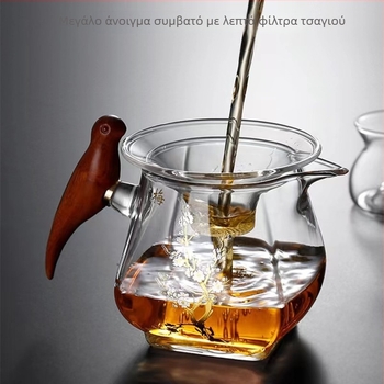 Κανάκι τσαγιού από παχύ γυαλί με ενσωματωμένο φίλτρο για τσάι και θερμομονωμένη ξύλινη λαβή