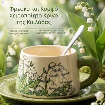 Σετ φλυτζάνια καφέ και πιατάκια σε σκανδιναβικό στυλ, πορσελάνη premium, φλοράλ μοτίβ με κρίνο της κοιλάδας, συσκευασία δώρου