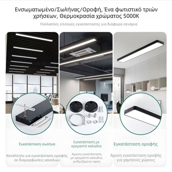 Μακρύ LED φως λωρίδας γραφείου, βιομηχανικού στυλ ορθογώνιο πάνελ, 120 LED, 6000K ψυχρό λευκό, μήκος 120 cm, 220V, CRI 80–90, αλουμινένιο περίβλημα, χωρίς δυνατότητα ρύθμισης φωτισμού, καλύπτει 5–10 m²