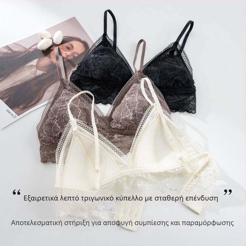 Tangge μεταξωτό από μουριάς, γαλλικού ρομαντικού στυλ σουτιέν με τριγωνικό κύπελλο και όμορφο πίσω, δαντέλα, υπερ-λεπτό, ασύρματο