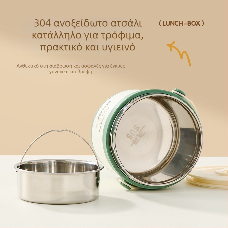 Θερμαινόμενο κουτί μεσημεριανού από ανοξείδωτο ατσάλι 304, φορητό, διπλού επιπέδου, χωρητικότητα 1–2 L, μπολ και κατσαρόλα σούπας