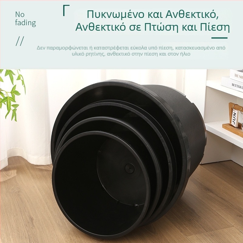 Μαύρη σκληρή πλαστική γλάστρα με κυκλικό άνοιγμα, μεγάλη χωρητικότητα για φρουτόδεντρα, αγροτικό στιλ, παχιά κατασκευή, διαθέσιμα σε διάφορα μεγέθη