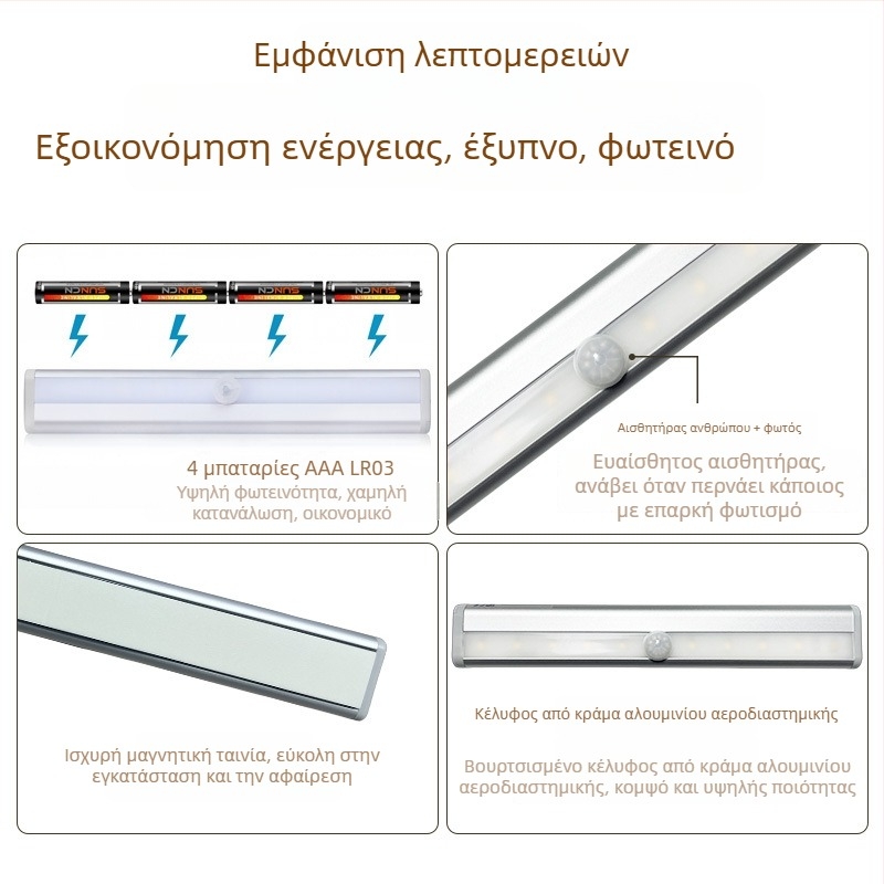 Ασύρματο LED φως κίνησης με ανίχνευση υπέρυθρων, φωτιστικό για ντουλάπι, ανάβει με την προσέγγιση, κατάλληλο για σκάλες και διαδρόμους
