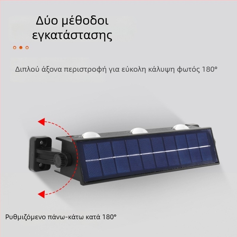 Φωτιστικό εξωτερικού τοίχου γωνιακό με ηλιακή ενέργεια, φωτισμός με επίδραση πλύσης τοίχων, IP65 αδιάβροχο, πλαστικό περίβλημα, ζεστό λευκό 3000K, επιλογές LED 2/4/6/8/10, κατάλληλο για τοίχους, σκάλες, αυλή, πάρκο.