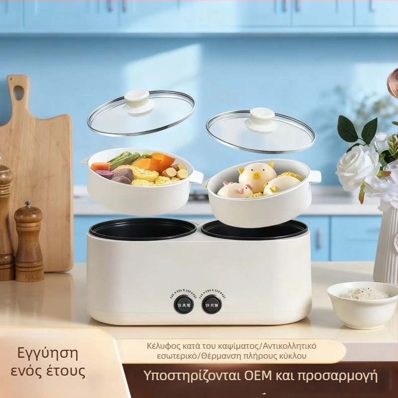Διχωρητικός ηλεκτρικός μαγειρευτής με δύο κάμερες: ρυζομάγειρας και κατσαρόλα, με λειτουργίες τηγανίσματος, μαγειρέματος νούντλ και κρέμες