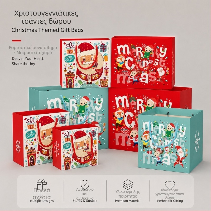 Κόκκινη χάρτινη τσάντα δώρου για τα Χριστούγεννα με εκτύπωση Αγίου Βασίλη, στυλ Instagram, τσάντα δώρου σε διάφορες διαστάσεις