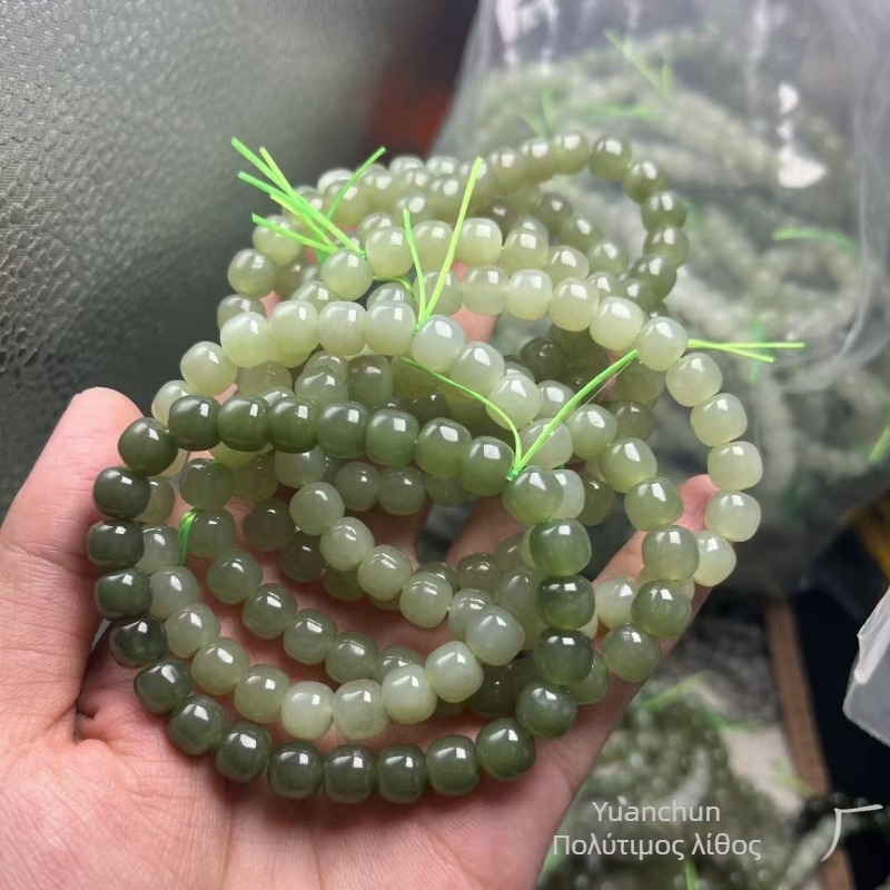 Φυσικό Hetian jade βραχιόλι με παλιάς μορφής χάντρες 7×8 mm, χρώμα Qingshui Lake πράσινο μέλι-νερό