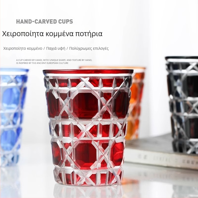 Ποτήρι ουίσκι ευρωπαϊκού στυλ, χειροποίητο χρωματιστό γυάλινο ποτήρι με ανάγλυφο σχέδιο, ρετρό παλατινό ύφος