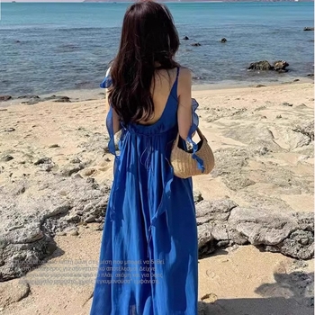 Μπλε φόρεμα χωρίς μανίκια με τιράντες, μακρύ καλοκαιρινό φόρεμα σε στυλ γαλλικού θερέτρου