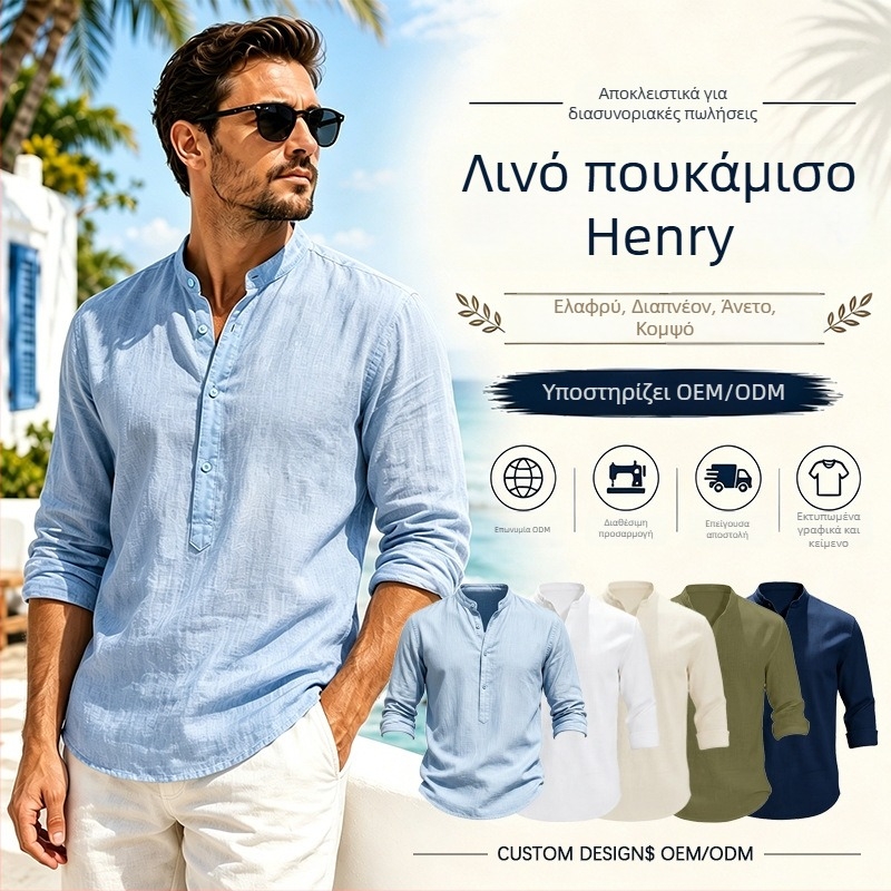 Ανδρικό λινό πουκάμισο με στάσιμο γιακά, μακρυμάνικο, μονόχρωμο, μεγέθη μεγάλα, καθημερινή χρήση