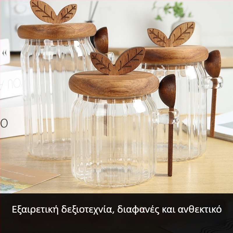 Στρογγυλό γυάλινο βάζο αποθήκευσης με ξύλινο καπάκι και κουταλάκι για την κουζίνα – αποθήκευση μπαχαρικών, ζάχαρης και κόκκων καφέ