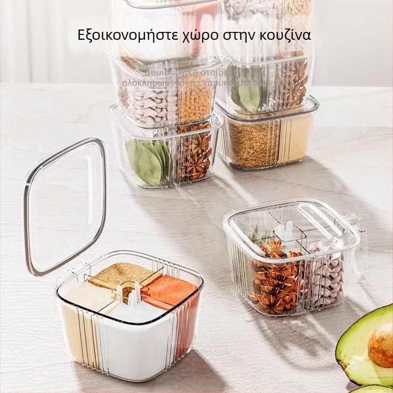 Ενοποιημένο κουτί καρυκευμάτων για την κουζίνα με πολλαπλά διαμερίσματα, διαφανές δοχείο για αλάτι, πιπέρι και μονονατριούμιο γλουταμικό νάτριο