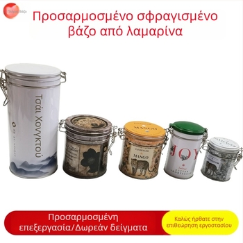 Λαμαρινένιο δοχείο με αγκράφα σφράγισης και συρματόδετο κλείσιμο, κυκλικό μεταλλικό δοχείο τσαγιού