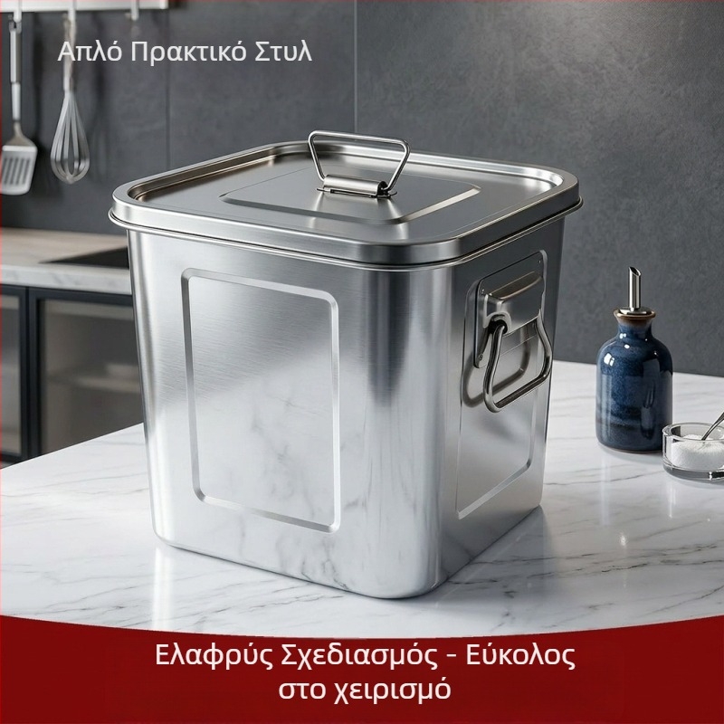 Τετράγωνος σφραγιζόμενος κάδος από ανοξείδωτο χάλυβα με διπλά χερούλια, 9–10 L, ανθεκτικός στην υγρασία και στα παράσιτα, για ρύζι, τσάι και ξερή φλούδα μανταρινιού