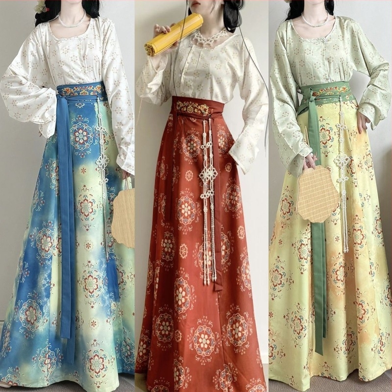 Σετ Hanfu με φθινοπωρινό κέντημα, Tang στιλ με εκτύπωση, τοπ με στρογγυλό λαιμό και ψηλή μέση Tang jacket, Hanfu για γυναίκες