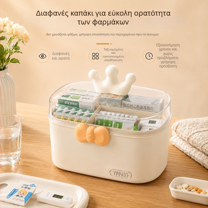 Διαφανές διώροφο κουτί φαρμάκων αποθήκευσης με καπάκι, τέσσερα διαμερίσματα, PP+PET, ανθεκτικό στη σκόνη, για οικιακή χρήση.