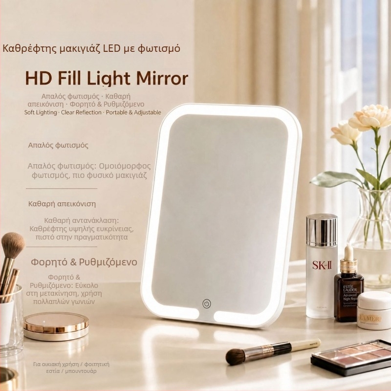 LED καθρέφτης μακιγιάζ με φως, HD ευκρίνεια, ρυθμιζόμενος, φορητός οικιακός καθρέφτης ομορφιάς για φοιτητικά δωμάτια