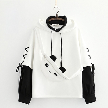 Γυναικείος φούτερ με κέντημα panda και φλίς επένδυση, εμφάνιση δύο τεμαχίων, χειμώνας 2023
