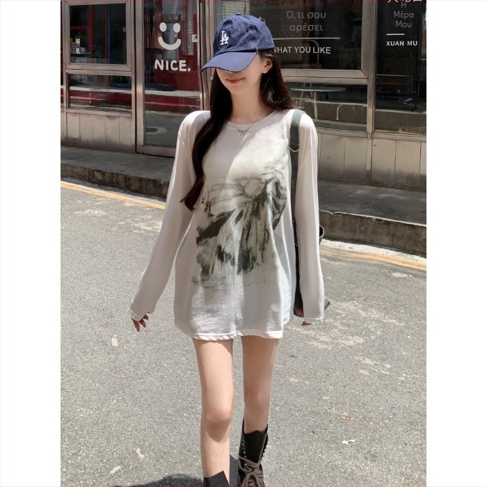 Xiyin 26S Γυναικειό φθινοπωρινό μακρυμάνικο T‑shirt από 100% βαμβάκι με διακριτικό εκτύπωμα