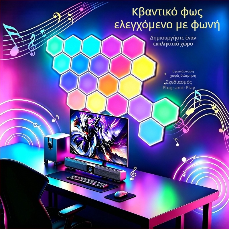 Εξάγωνο φως ατμόσφαιρας για αίθουσα παιχνιδιών — DIY ψηφιδωτό κυψελοειδούς σχεδίου, πολύχρωμο φως που ενεργοποιείται από ήχο, τοίχου νυχτερινό φως