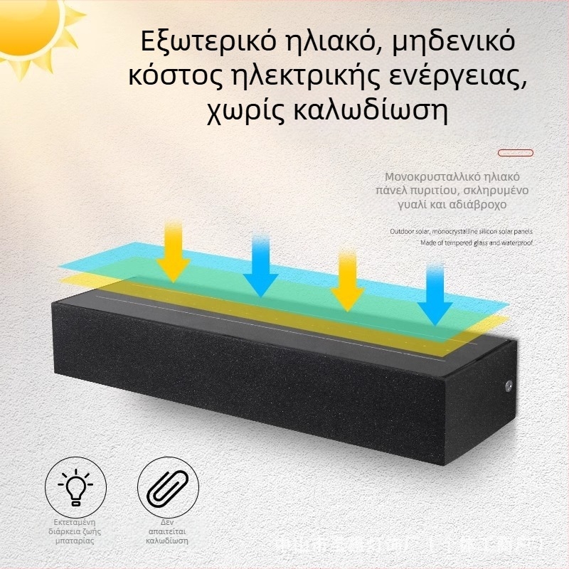 Ηλιακή εξωτερική τοιχοφωτιστική λάμπα σε ευθύγραμμο σχέδιο, φωτιστικό τύπου wall washer για αυλή και πινακίδα πόρτας, LED λαμπτήρας