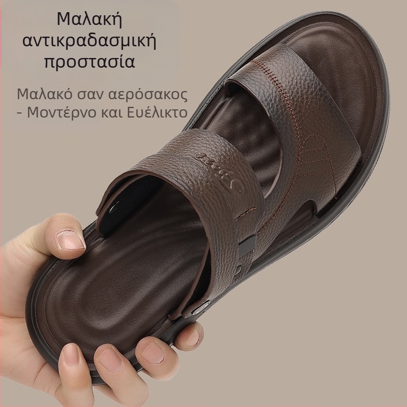 Ανδρικά σανδάλια από πρώτο στρώμα βοδινού δέρματος, καλοκαίρι, ανοιχτό δάχτυλο, αναπνέοντα, αντιολισθητικά, με πίσω λουρί, casual