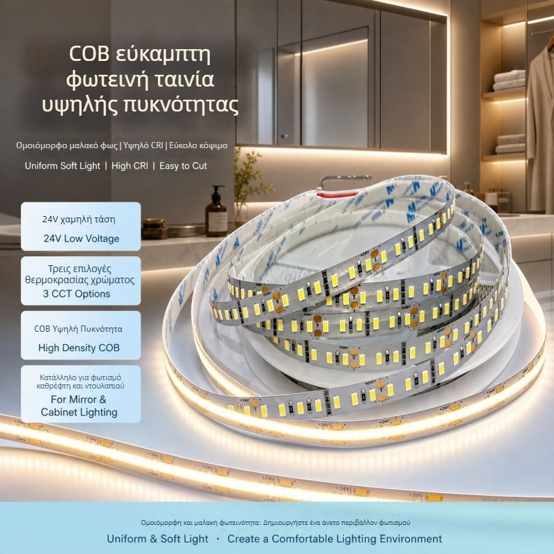 Ευέλικτη λωρίδα LED COB, 24V, τρεις θερμοκρασίες χρώματος, έξυπνο φωτιστικό καθρέφτη για μπάνιο και ντουλάπες