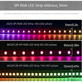 2,6 mm υπερ-λεπτή RGB LED ταινία 0807 WS2812B, 5V, 160 LEDs, φωτισμός εσωτερικού αυτοκινήτου