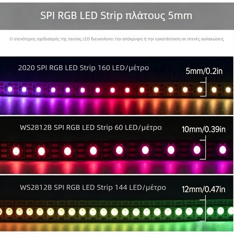 2,6 mm υπερ-λεπτή RGB LED ταινία 0807 WS2812B, 5V, 160 LEDs, φωτισμός εσωτερικού αυτοκινήτου