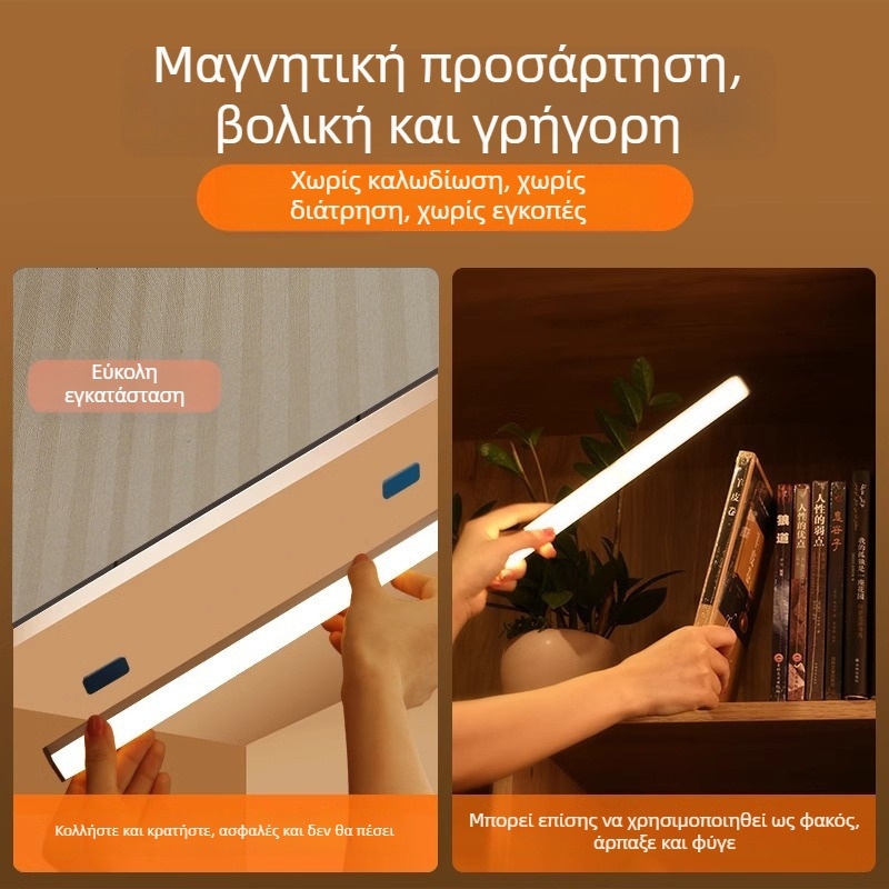 LED φως ντουλαπιού με αισθητήρα κίνησης και μαγνητική στερέωση, επαναφορτιζόμενο για ντουλάπες και οινοθήκες, μακριά LED λωρίδα, νυχτερινό φως
