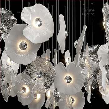 Πολυέλαιος από γυαλί σε σχήμα πετάλου, χειροποίητος, μοντέρνος λουξ σχεδιασμός, για εμπορικούς χώρους, προσαρμογή μεγέθους και στυλ