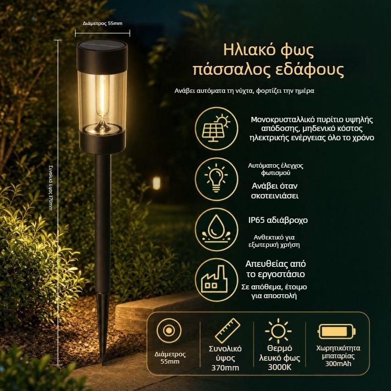 Ηλιακή LED λάμπα γρασιδιού με εμφάνιση βολφραμικού νήματος, εξωτερική, στήριγμα στο έδαφος, αδιάβροχη