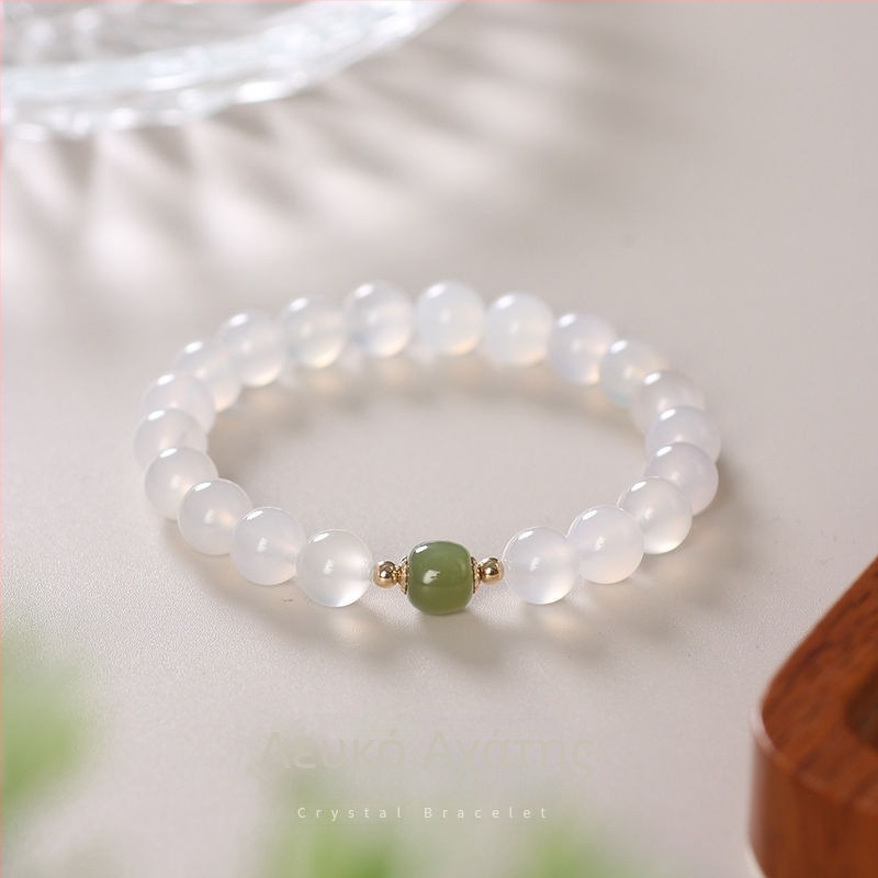 Βραχιόλι από φυσικό λευκό αχάτη και Hetian Jade, μονοσειρά, γυναικείο μόδας με κυκλικές χάντρες
