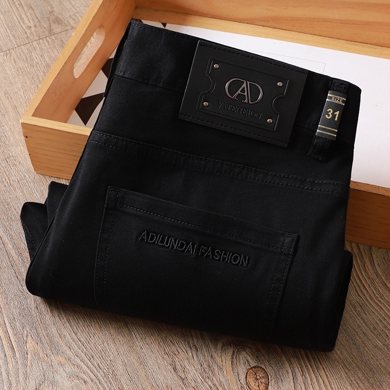 Ανδρικά μαύρα τζίν μεσαίας μέσης, ελαφριά, μαλακό ελαστικό ύφασμα, casual-business στυλ, εφαρμογή Slim Straight