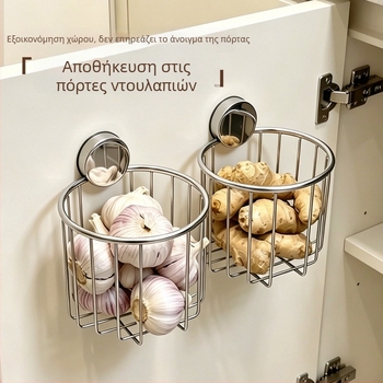 Κουζίνας αποθήκευτικό καλαθάκι για κρεμμύδια, τζίντζερ και σκόρδο, τοποθετούμενο στον εσωτερικό τοίχο της πόρτας του ντουλαπιού; αποφυγή μεταφοράς οσμών; διαχωρισμένη αποθήκευση τζίντζερ, σκόρδου και καυτερών πιπεριών.