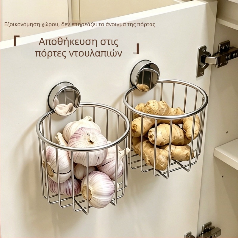 Κουζίνας αποθήκευτικό καλαθάκι για κρεμμύδια, τζίντζερ και σκόρδο, τοποθετούμενο στον εσωτερικό τοίχο της πόρτας του ντουλαπιού; αποφυγή μεταφοράς οσμών; διαχωρισμένη αποθήκευση τζίντζερ, σκόρδου και καυτερών πιπεριών.