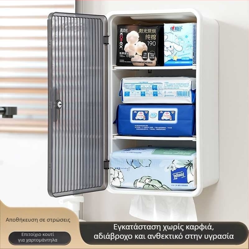 Διαφανές τοίχου ντουλάπι αποθήκευσης μπάνιου με πολλαπλά επίπεδα, αδιάβροχο και ανθεκτικό στη σκόνη, εγκατάσταση χωρίς βίδες, οργανωτής χαρτιού τουαλέτας.