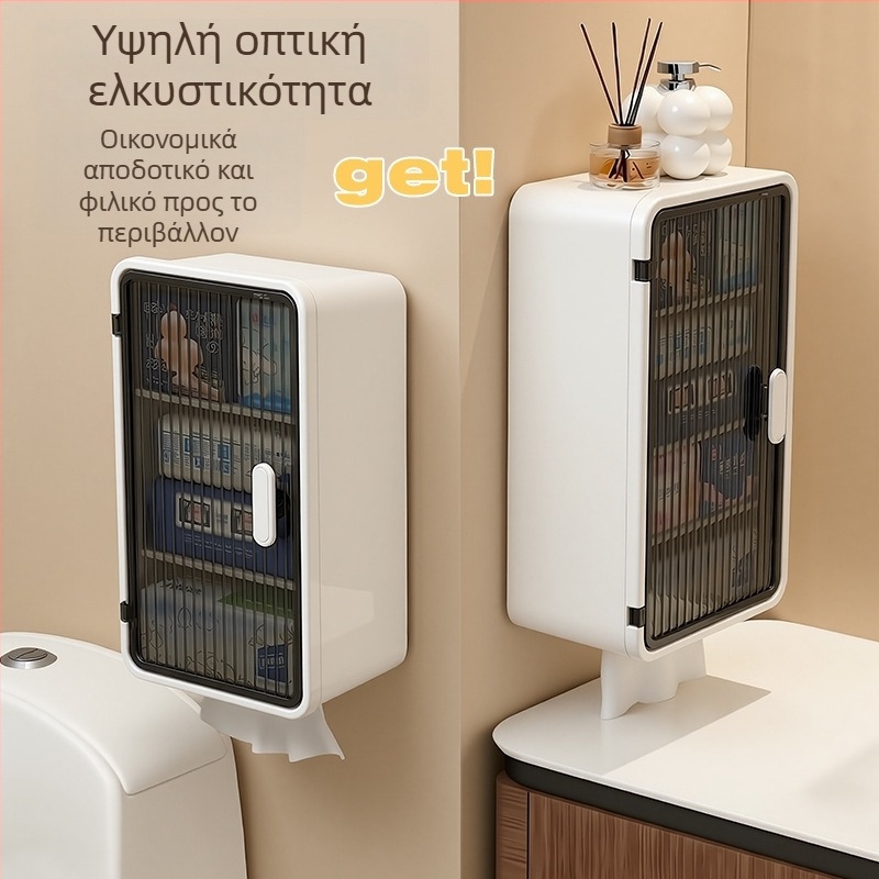 Διαφανές τοίχου ντουλάπι αποθήκευσης μπάνιου με πολλαπλά επίπεδα, αδιάβροχο και ανθεκτικό στη σκόνη, εγκατάσταση χωρίς βίδες, οργανωτής χαρτιού τουαλέτας.