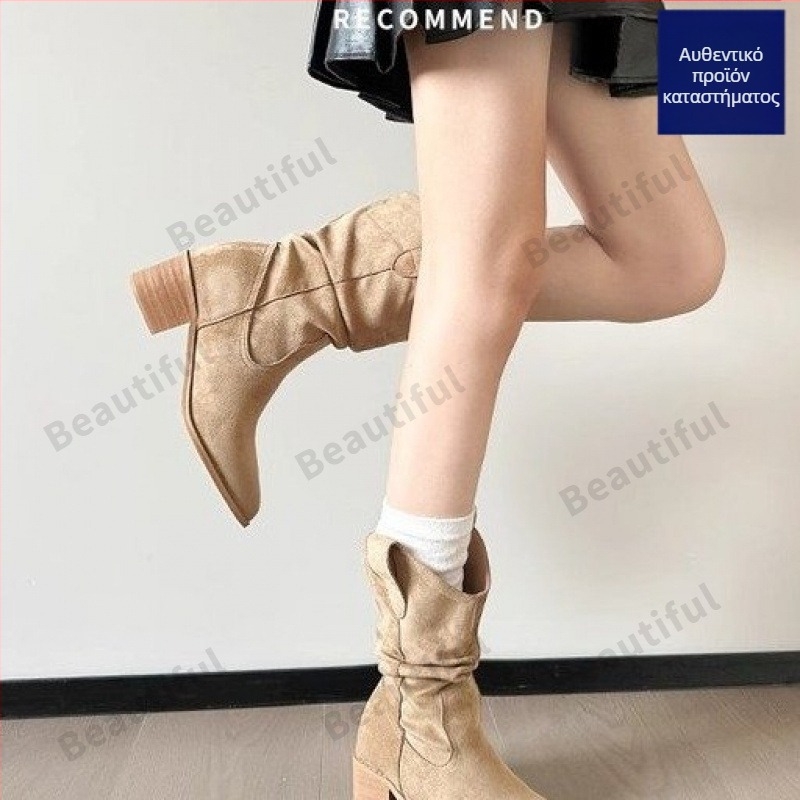 Γυναικείες μπότες Μάρτιν με φαρδύ τακούνι και σουέτ, ρετρό σχέδιο με V-άνοιγμα στο επάνω μέρος και μυτερό δάχτυλο, πιέτες στον άνω χώρου, κοντές μπότες