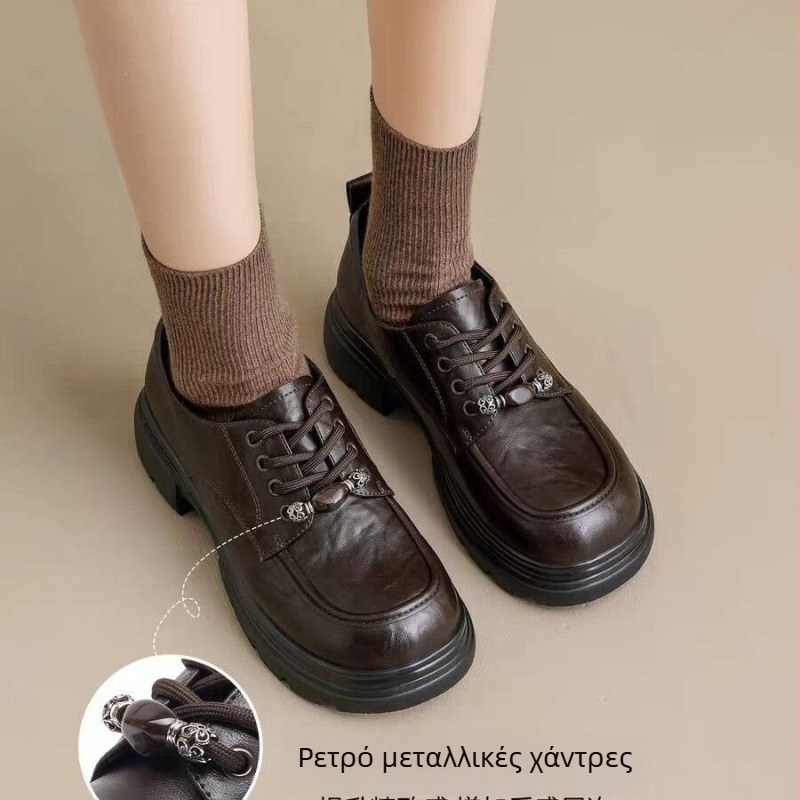 Ρετρό δερμάτινα loafers με πλατφόρμα και χοντρό τακούνι, 2026 νέο στυλ, βρετανικού σχεδιασμού για γυναίκες μικρού μεγέθους