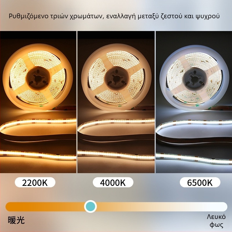 Λωρίδα COB LED με 608 LED, διχρωμία θερμοκρασίας και RGB αλλαγή χρώματος, αυτοκόλλητη εύκαμπτη λωρίδα, 24V χαμηλή τάση